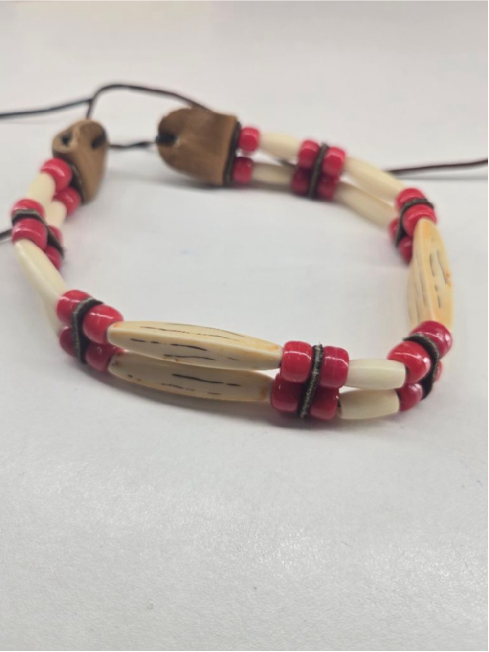 Native American Bone Glass Red Cream White Choker Necklace Handcrafted Leather